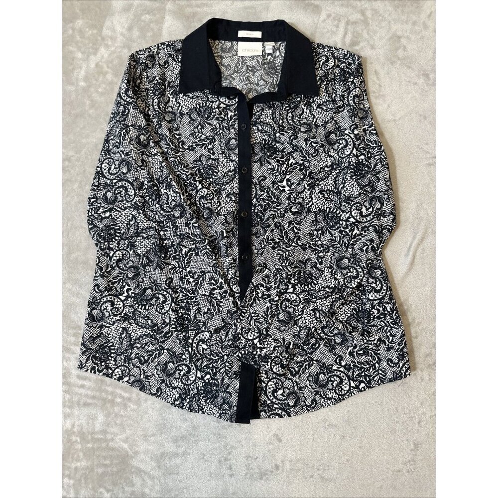 Women’s Chico’s Button Down Shirt Black White Paisley Print Size 2